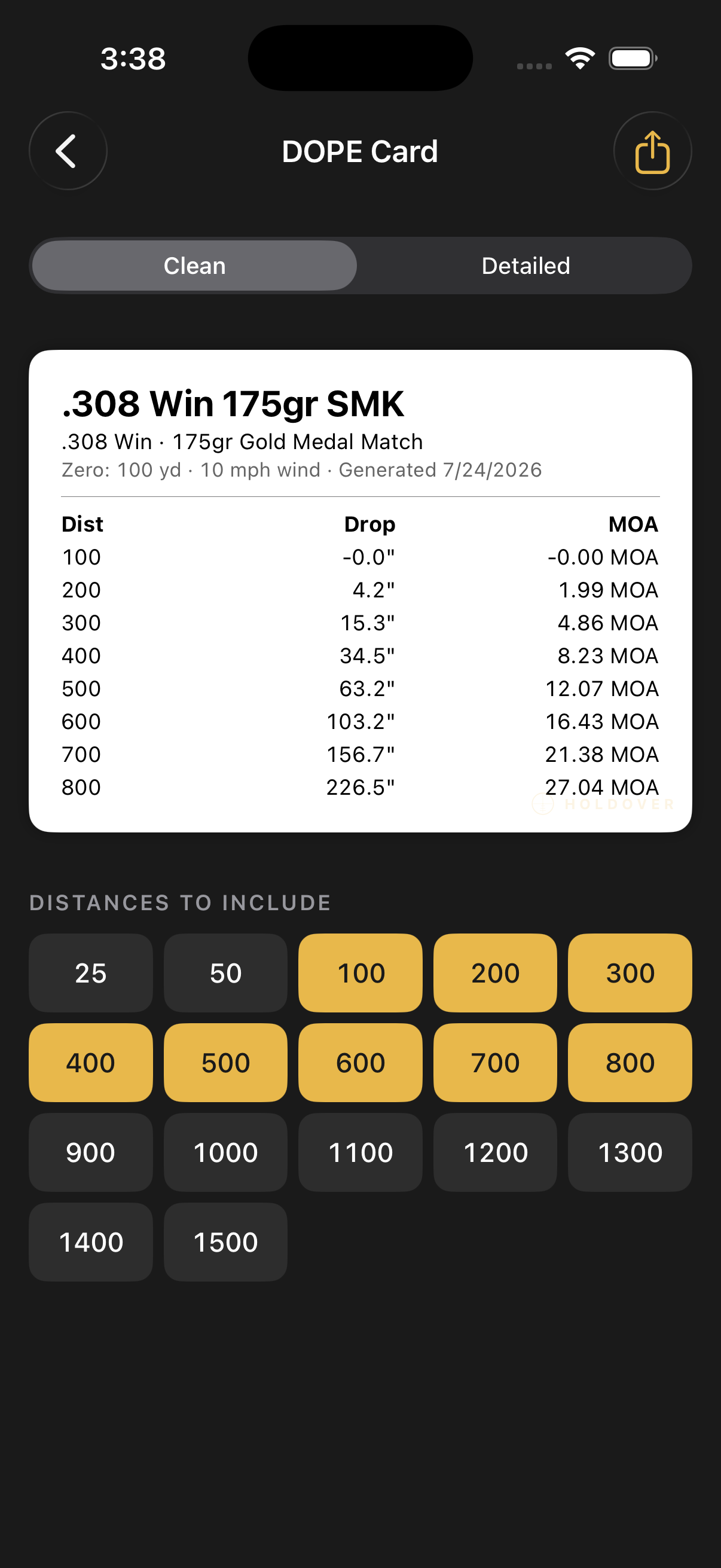 Holdover print-ready DOPE card with selectable distances